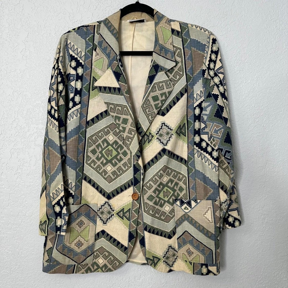 Vintage 90s Danielle‎ B Southwestern Tapestry Linen Oversized Blazer Size MED